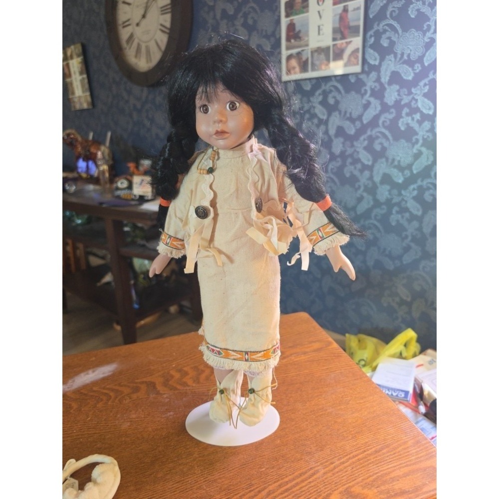 Native American Indian Girl Doll 15" Tall On Stand Tan‎ Dress And Boots